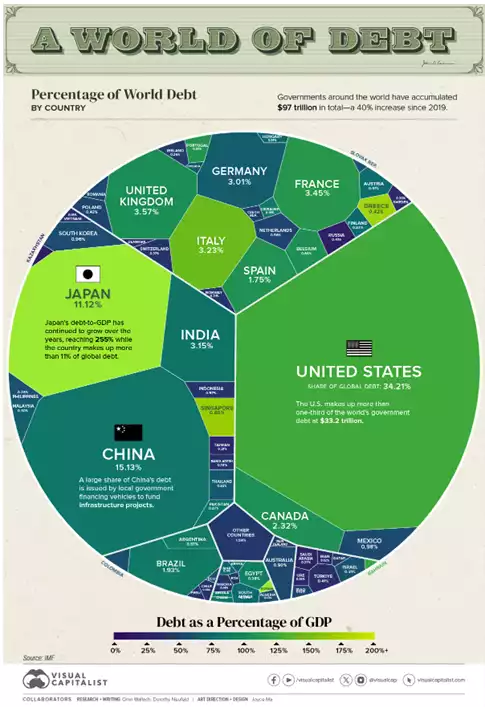 Percentage of world debt by country infographic